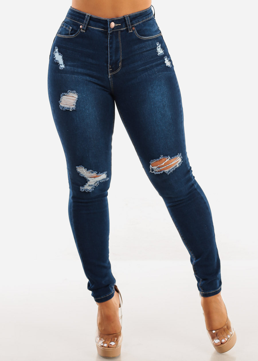 Butt Lift High Waist Distressed Skinny Jeans Dark Blue