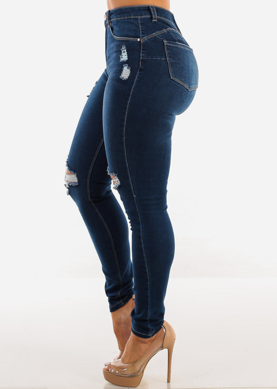 Butt Lift High Waist Distressed Skinny Jeans Dark Blue