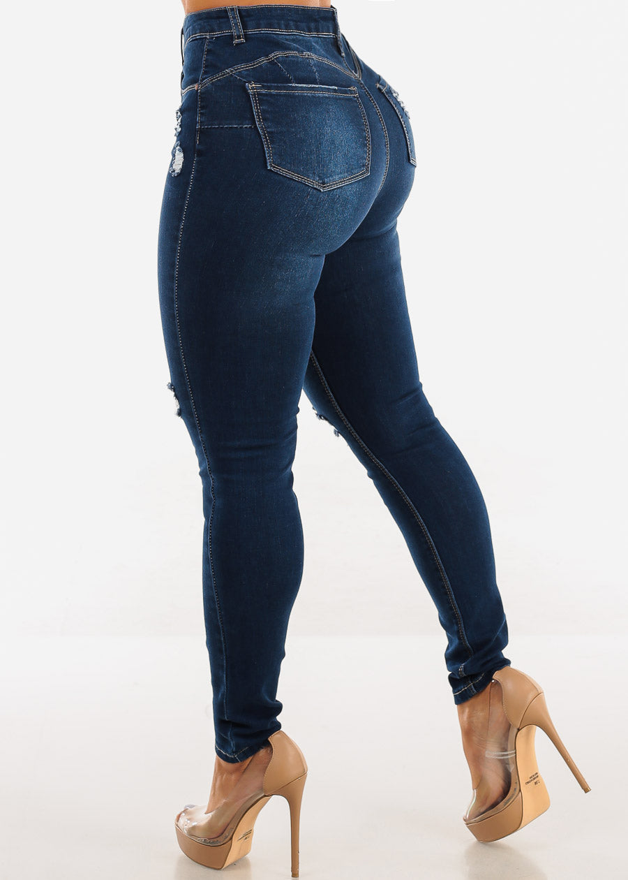 Butt Lift High Waist Distressed Skinny Jeans Dark Blue