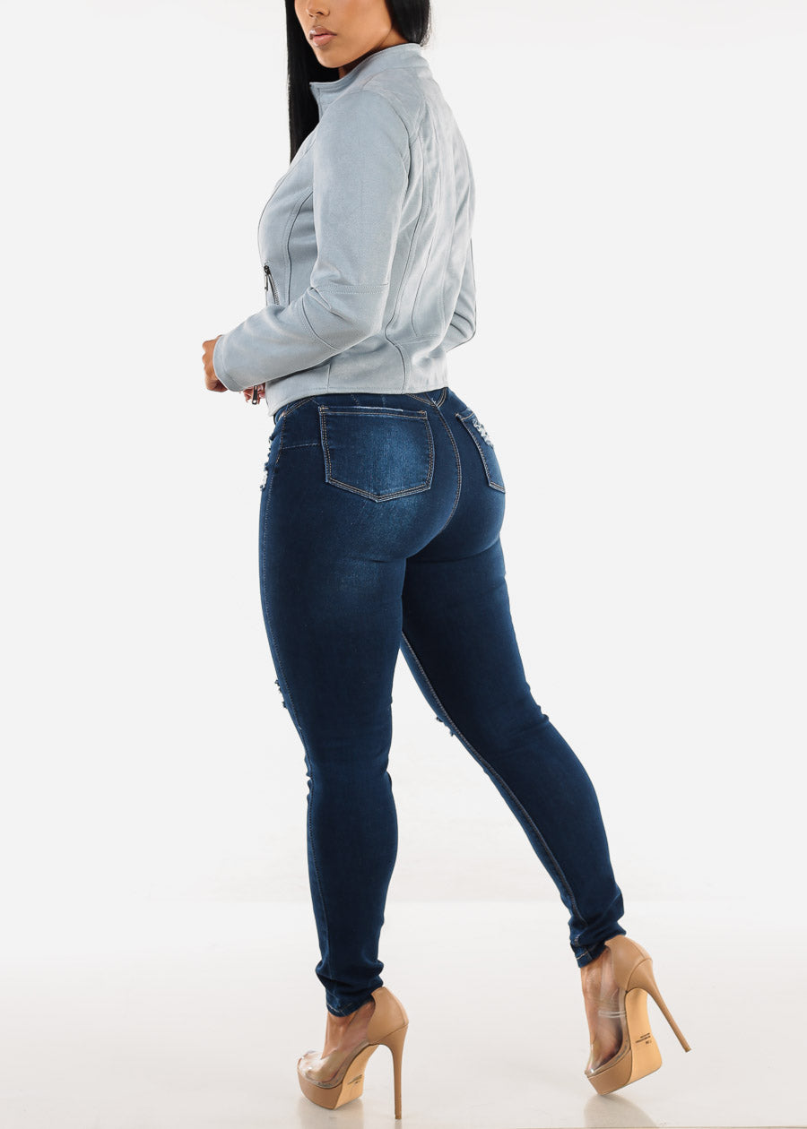 Butt Lift High Waist Distressed Skinny Jeans Dark Blue