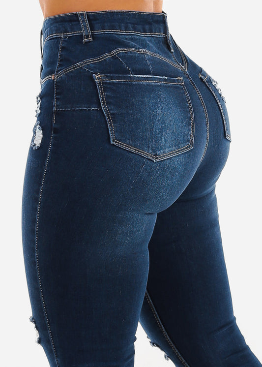 Butt Lift High Waist Distressed Skinny Jeans Dark Blue