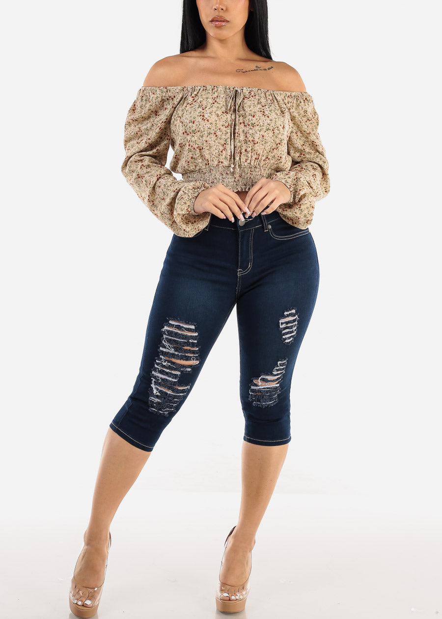 High Waisted Butt Lifting Ripped Dark Denim Capris