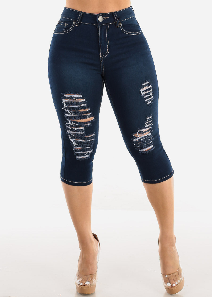 High Waisted Butt Lifting Ripped Dark Denim Capris