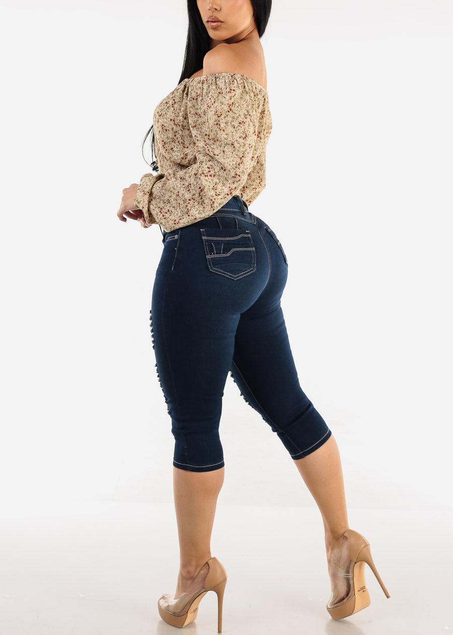 High Waisted Butt Lifting Ripped Dark Denim Capris