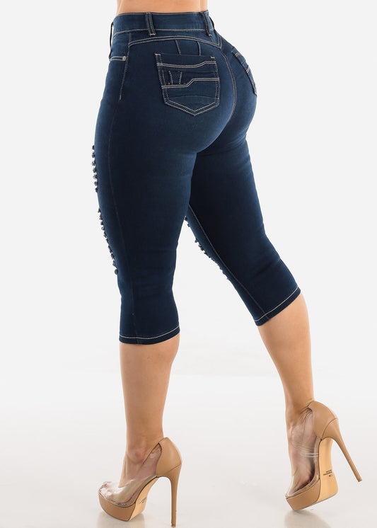 High Waisted Butt Lifting Ripped Dark Denim Capris