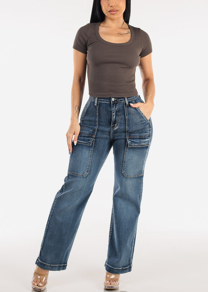 Butt Lift Super High Waist Wide Leg Stretch Jeans Sand Wash
