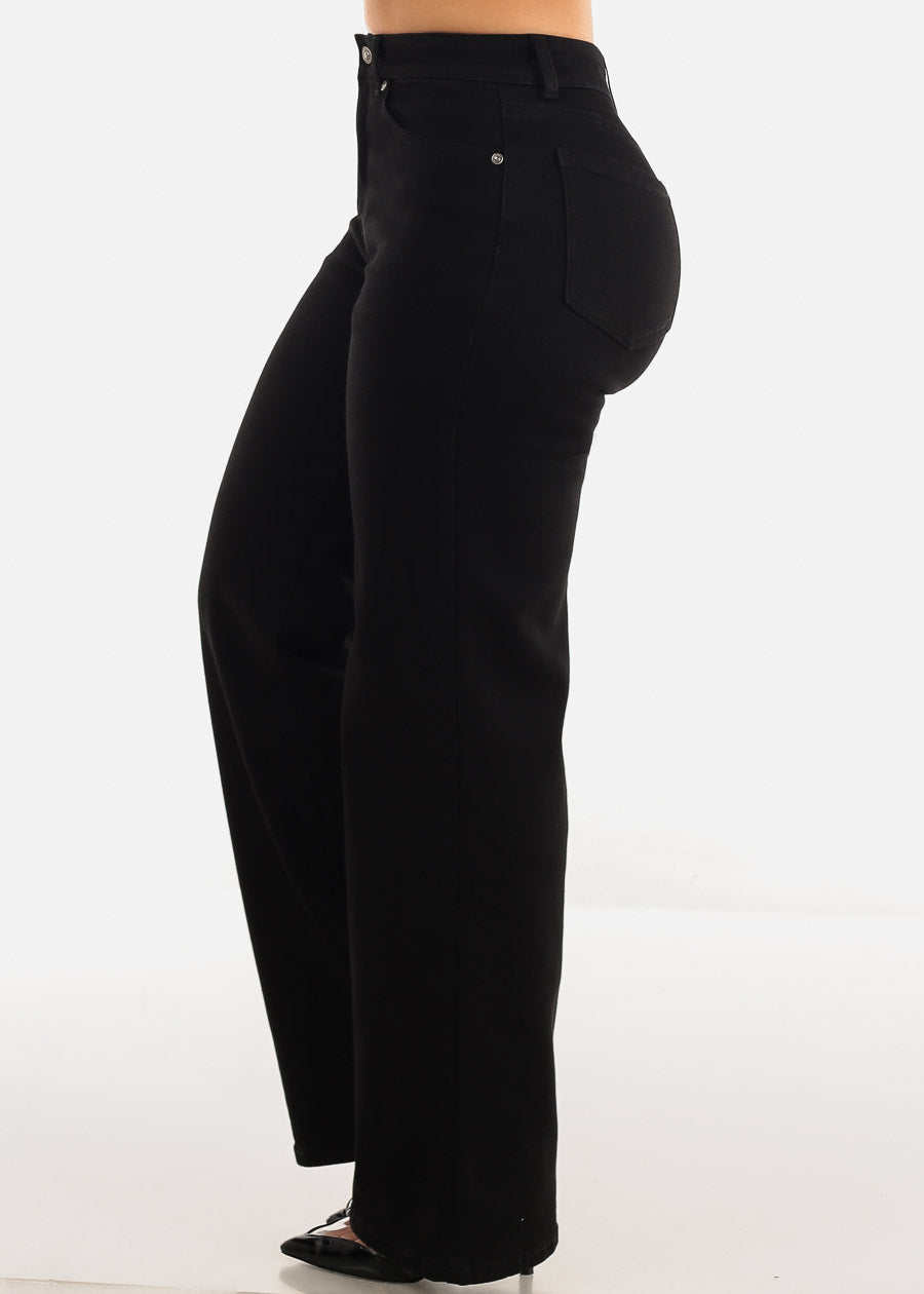 Black High Waist Wide Leg Straight Stretch Jeans