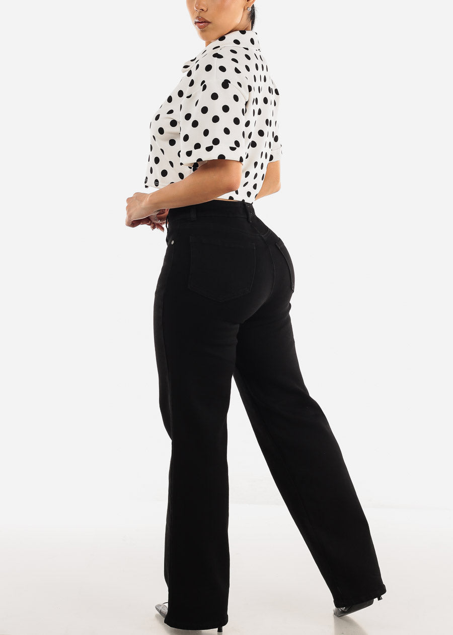 Black High Waist Wide Leg Straight Stretch Jeans