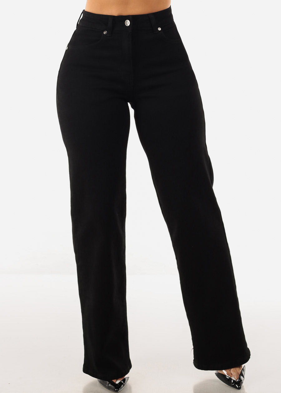 Black High Waist Wide Leg Straight Stretch Jeans