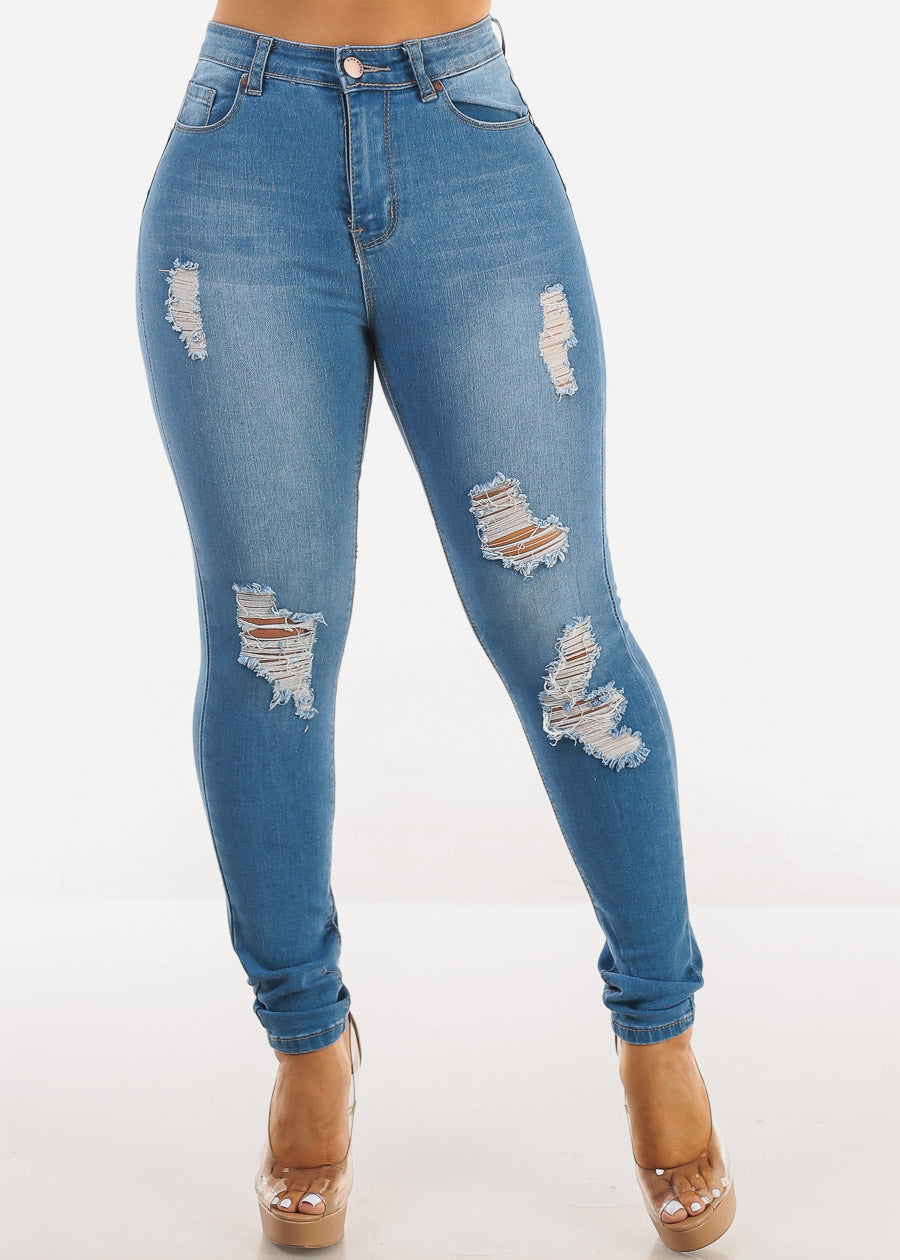 Butt Lift High Waist Distressed Blue Skinny Jeans