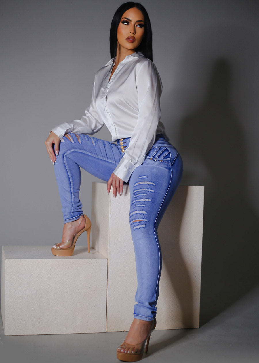 Ripped Mid Rise Skinny Jeans - Colombian Distressed Cut-Out Skinny ...