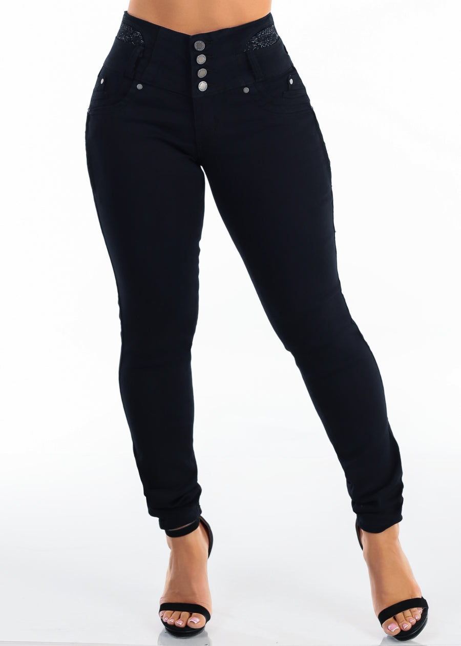 MX JEANS Embroidered Back Butt Lift Stretch Skinny Jeans Black