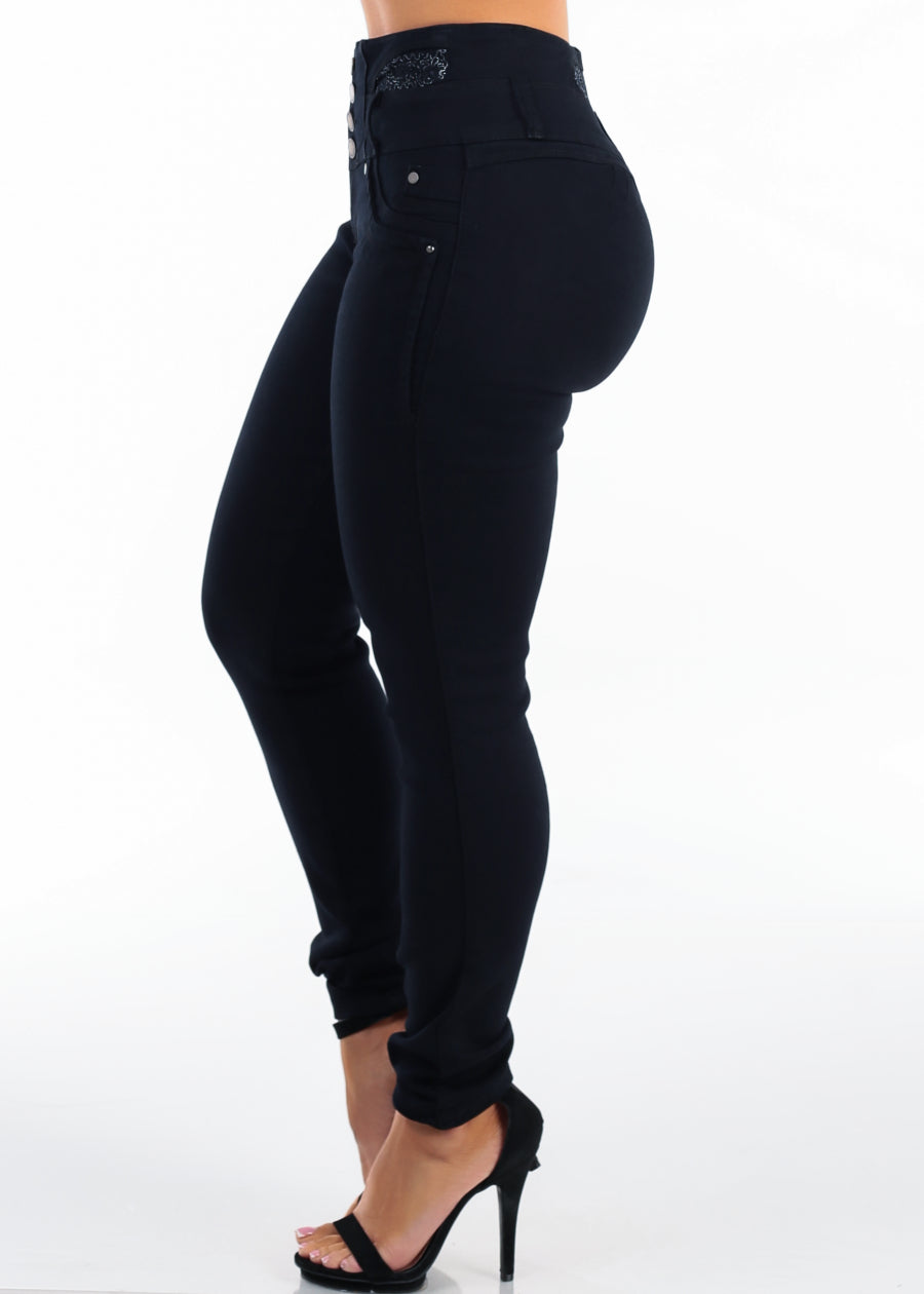 MX JEANS Embroidered Back Butt Lift Stretch Skinny Jeans Black