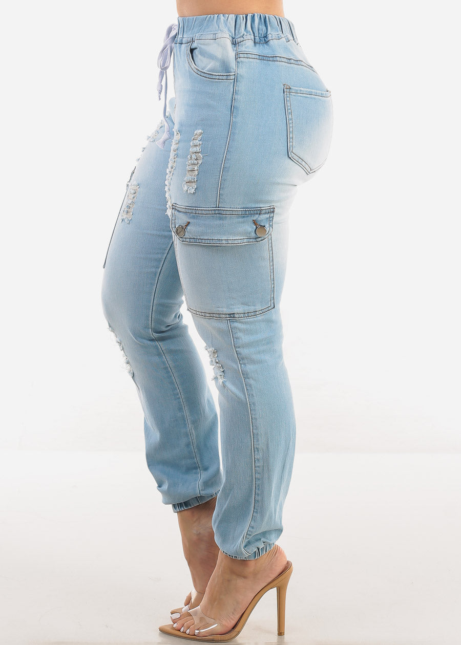 High Waist Distressed Cargo Jogger Jeans Light Blue