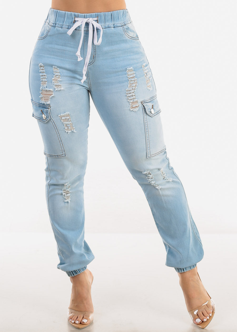 High Waist Distressed Cargo Jogger Jeans Light Blue