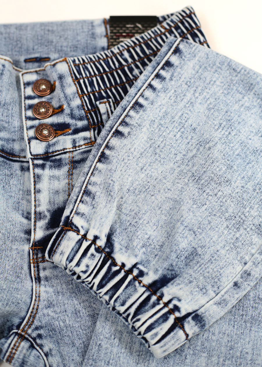 MX JEANS Butt Lift 3 Button Spandex Waist Jogger Jeans Acid Wash