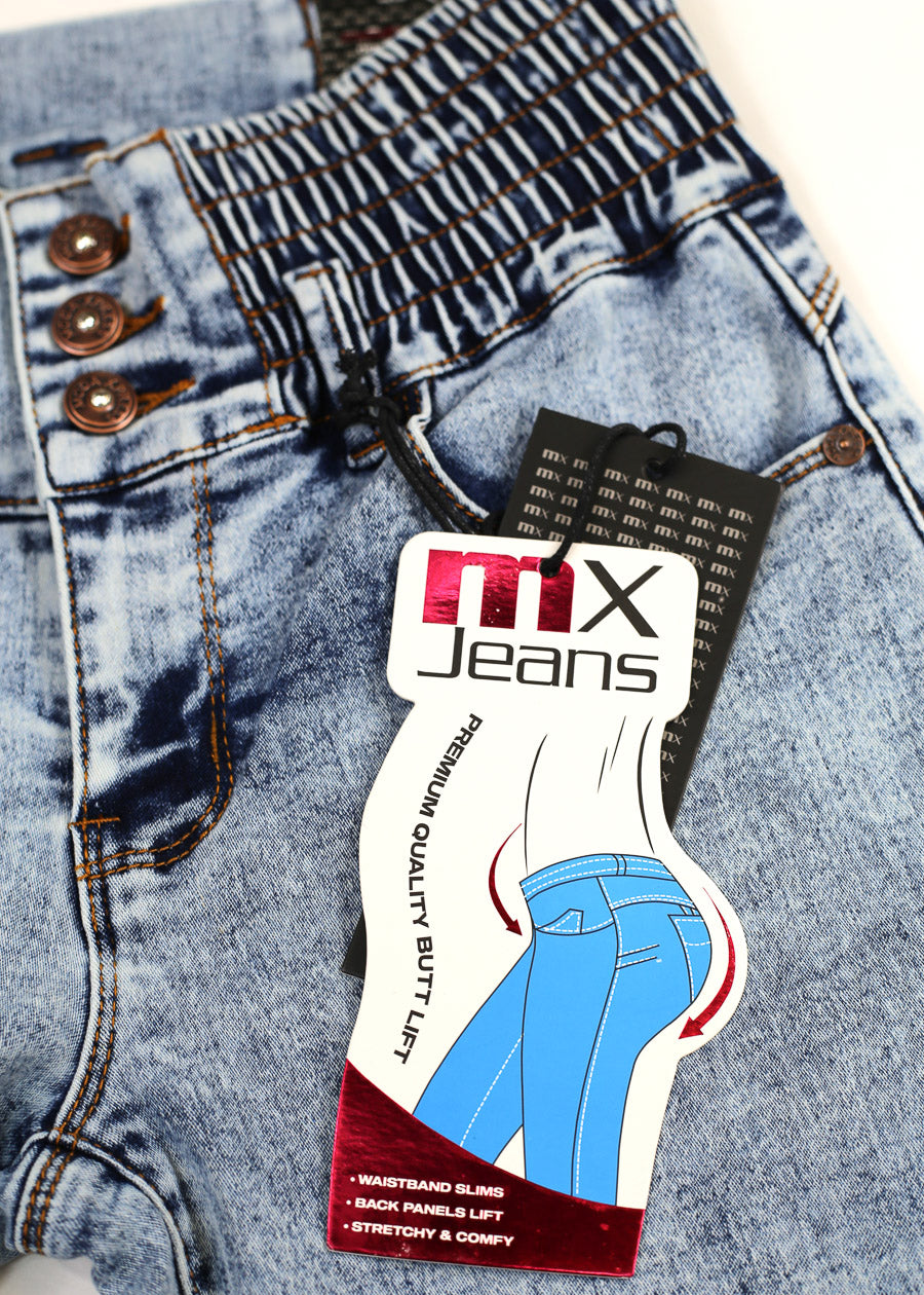 MX JEANS Butt Lift 3 Button Spandex Waist Jogger Jeans Acid Wash
