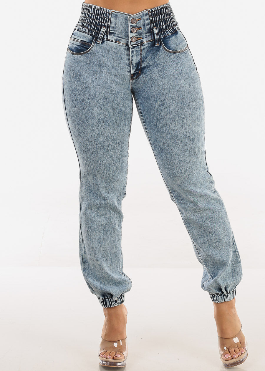 MX JEANS Butt Lift 3 Button Spandex Waist Jogger Jeans Acid Wash