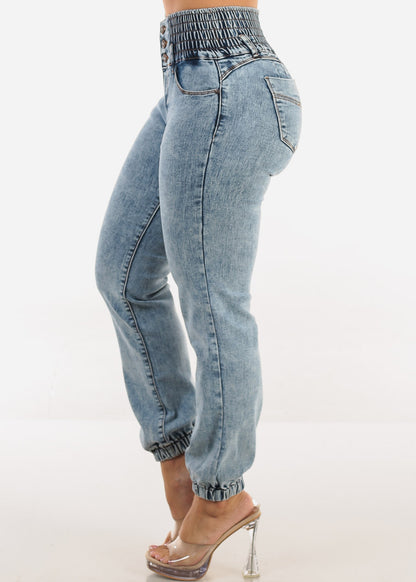 MX JEANS Butt Lift 3 Button Spandex Waist Jogger Jeans Acid Wash