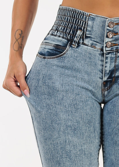 MX JEANS Butt Lift 3 Button Spandex Waist Jogger Jeans Acid Wash