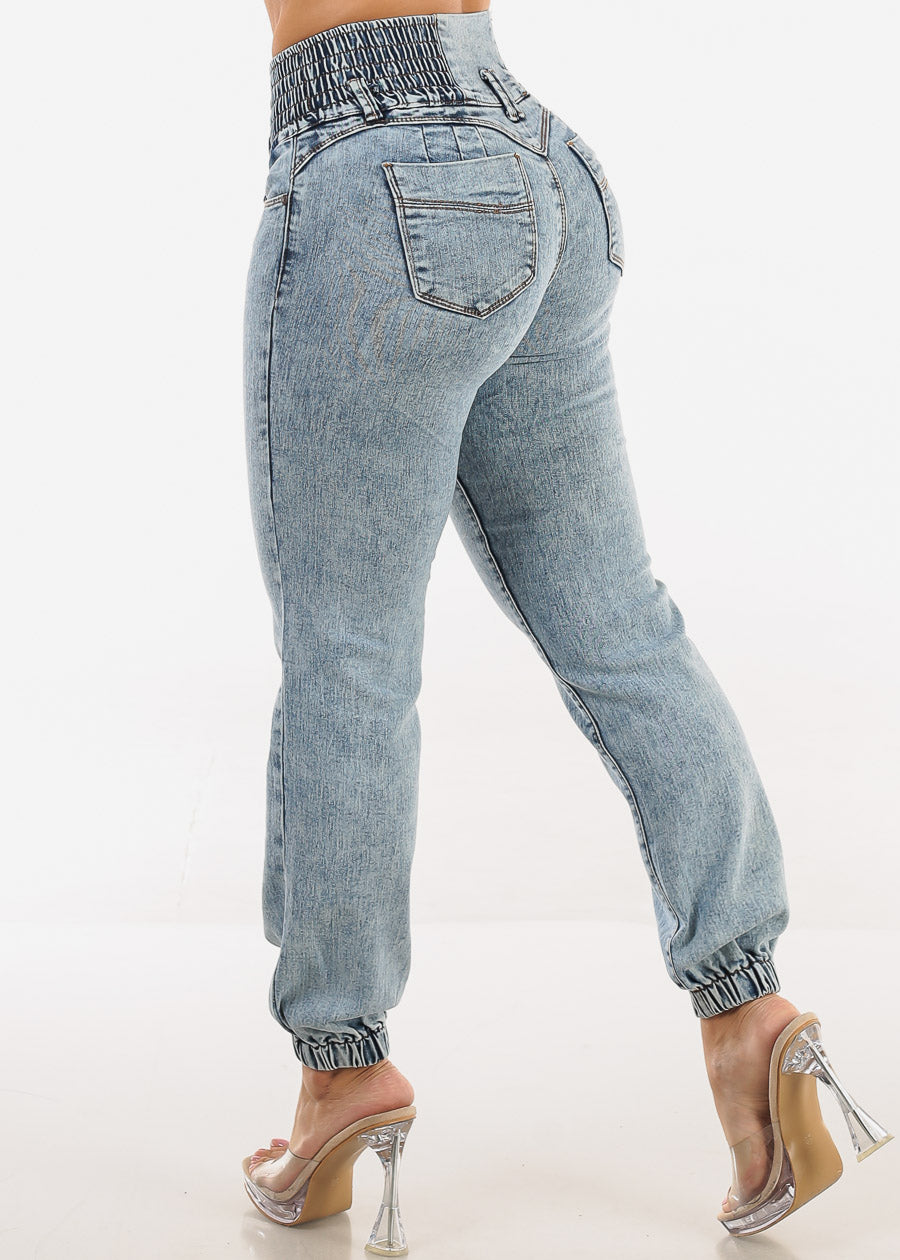 MX JEANS Butt Lift 3 Button Spandex Waist Jogger Jeans Acid Wash