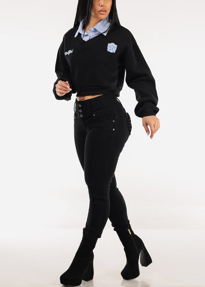 MX JEANS Black Butt Lift Levanta Cola Braided Pocket Skinny Jeans