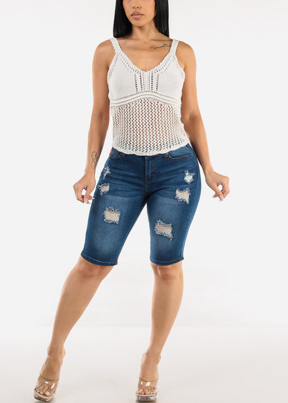 Stretchy Ripped Mid Rise Denim Bermuda Shorts Med Blue