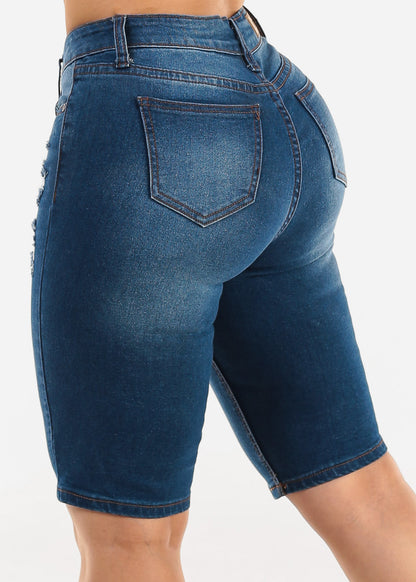 Stretchy Ripped Mid Rise Denim Bermuda Shorts Med Blue