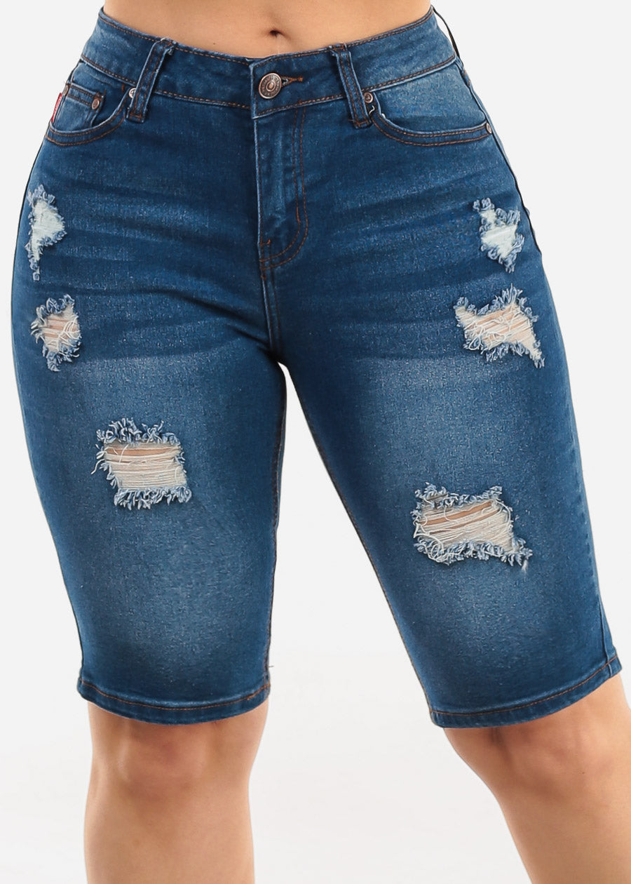 Stretchy Ripped Mid Rise Denim Bermuda Shorts Med Blue