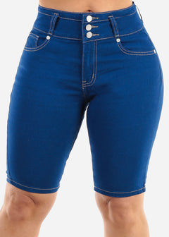 High Waisted Butt Lift Blue Denim Bermuda Shorts