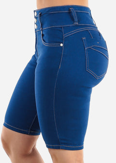 High Waisted Butt Lift Blue Denim Bermuda Shorts