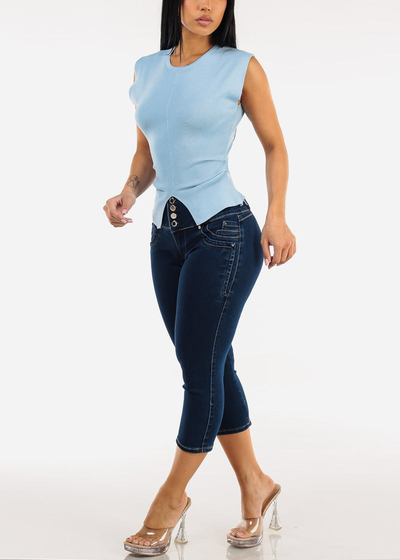 MX JEANS Embroidered Back Butt Lift Stretch Denim Capris Dark Wash
