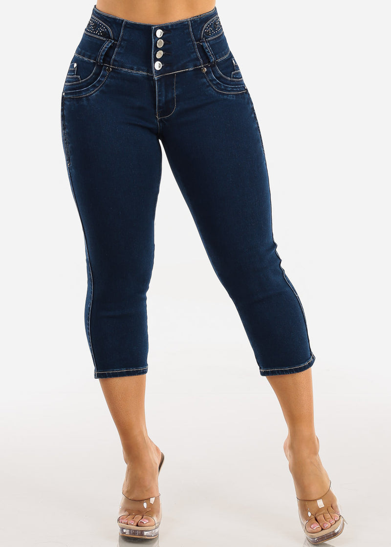 MX JEANS Embroidered Back Butt Lift Stretch Denim Capris Dark Wash