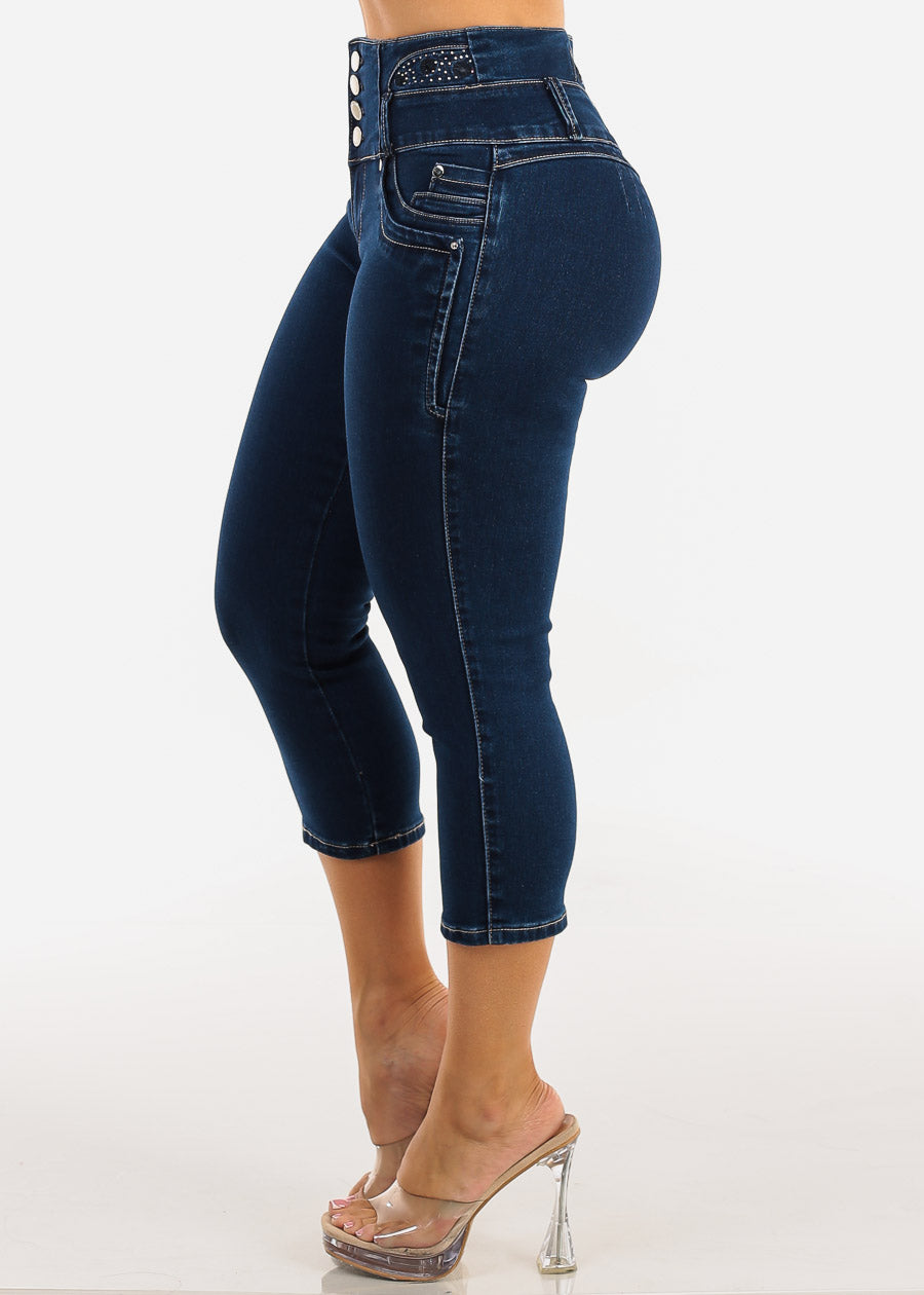 MX JEANS Embroidered Back Butt Lift Stretch Denim Capris Dark Wash