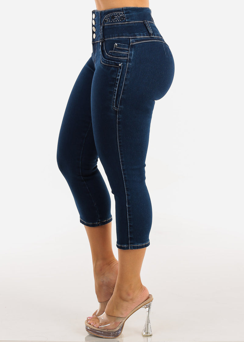 MX JEANS Embroidered Back Butt Lift Stretch Denim Capris Dark Wash