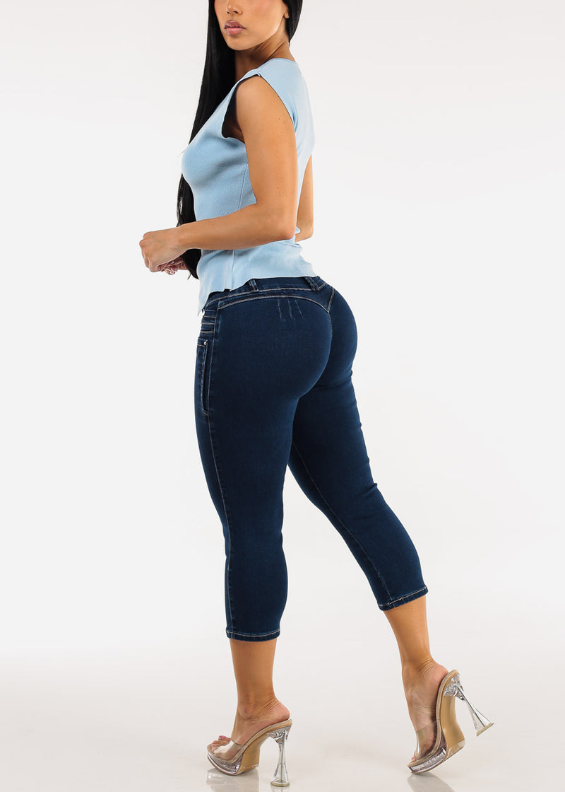 MX JEANS Embroidered Back Butt Lift Stretch Denim Capris Dark Wash