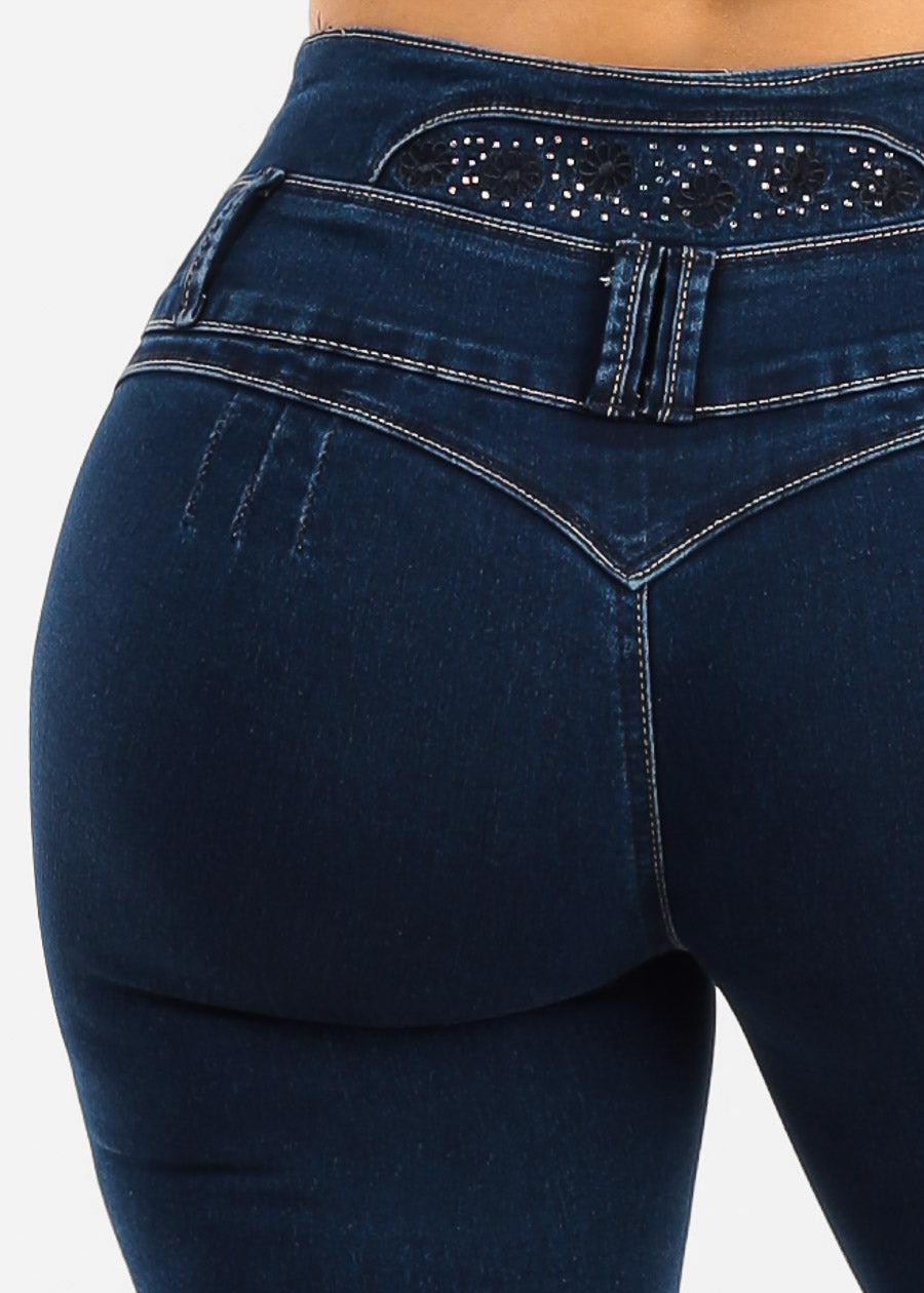 MX JEANS Embroidered Back Butt Lift Stretch Denim Capris Dark Wash