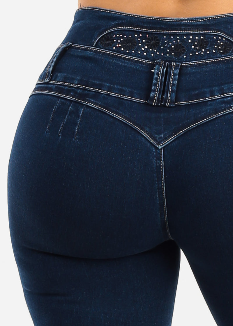 MX JEANS Embroidered Back Butt Lift Stretch Denim Capris Dark Wash