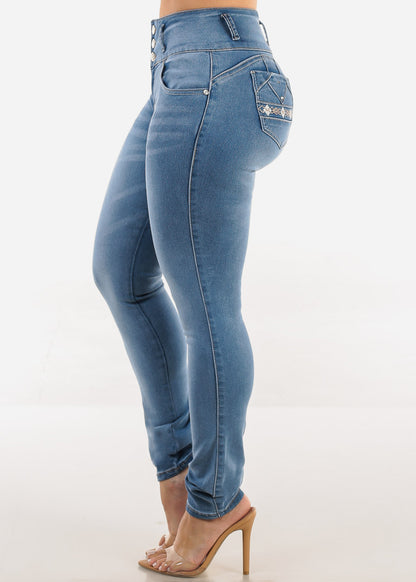 Butt Lift Mid Rise Stretch Skinny Jeans Light Blue