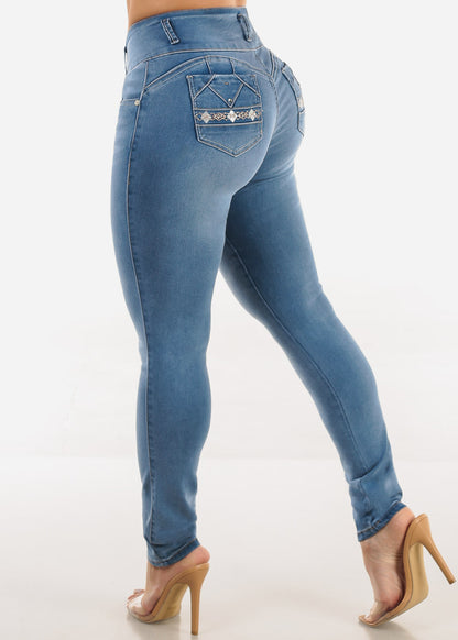 Butt Lift Mid Rise Stretch Skinny Jeans Light Blue