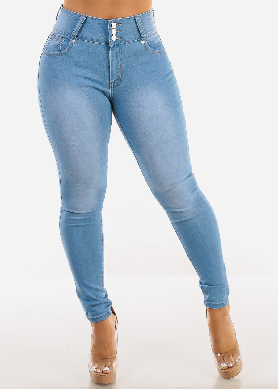 Butt Lift High Waist Chain Pocket Skinny Jeans Light Blue