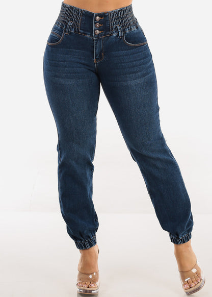 MX JEANS Butt Lift 3 Button Spandex Waist Jogger Jeans Dark Wash