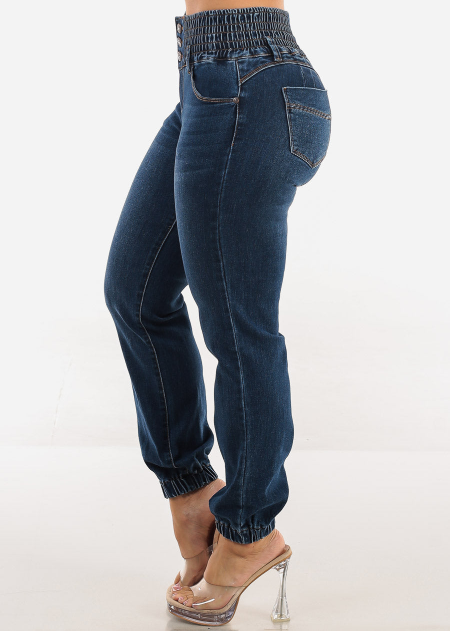 MX JEANS Butt Lift 3 Button Spandex Waist Jogger Jeans Dark Wash