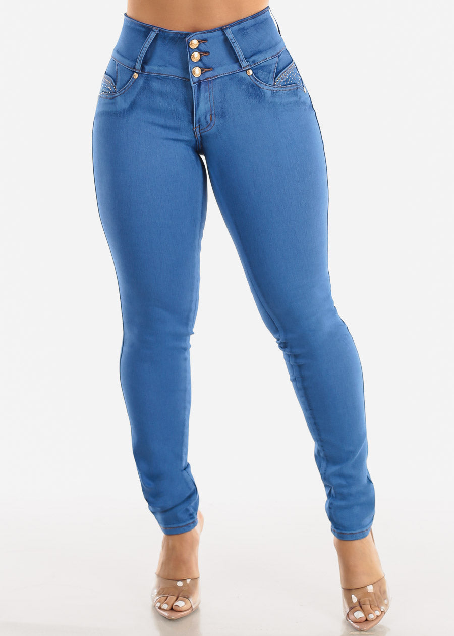 MX JEANS Mid Rise Butt Lifting Rhinestone Blue Jeans