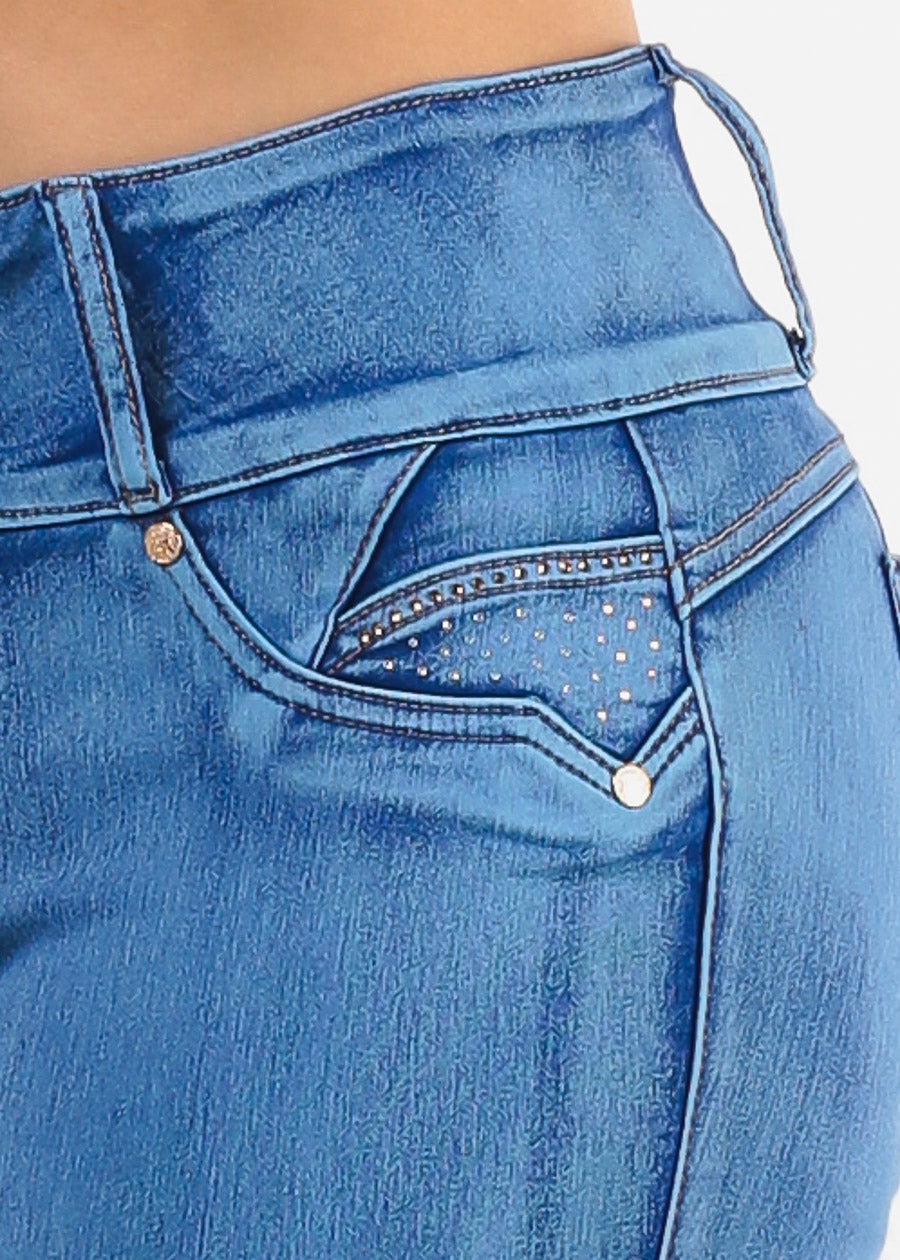 MX JEANS Mid Rise Butt Lifting Rhinestone Blue Jeans