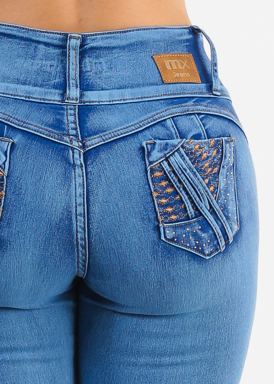 MX JEANS Mid Rise Butt Lifting Rhinestone Blue Jeans