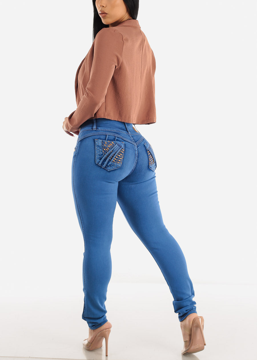 MX JEANS Mid Rise Butt Lifting Rhinestone Blue Jeans