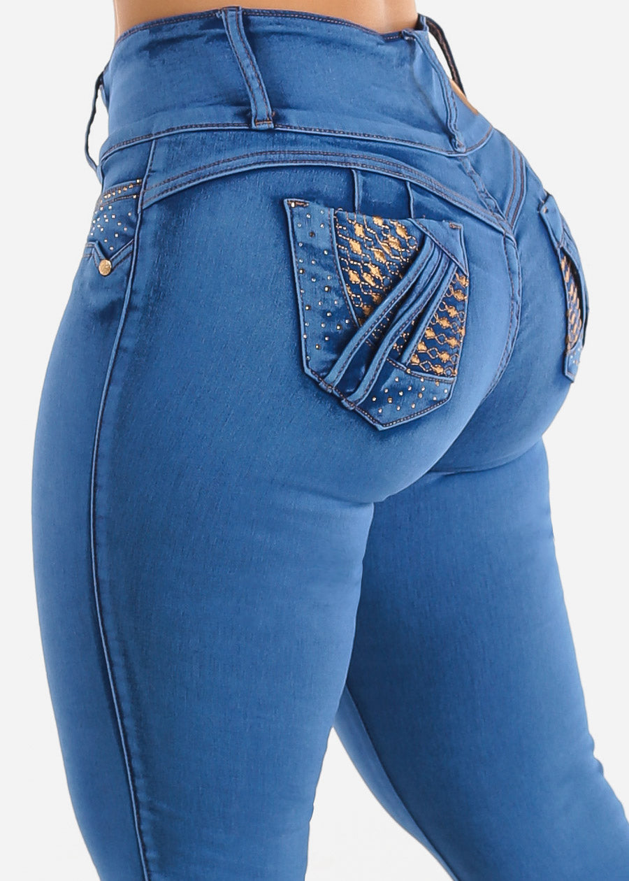 MX JEANS Mid Rise Butt Lifting Rhinestone Blue Jeans