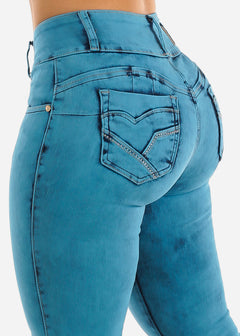 MX JEANS Levantacola Mid Rise Teal Skinny Jeans w Rhinestone Design