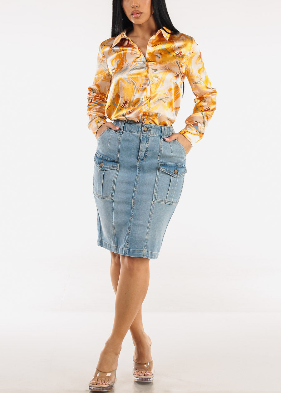 Butt Lift Stretch Cargo Denim Pencil Skirt Light Wash